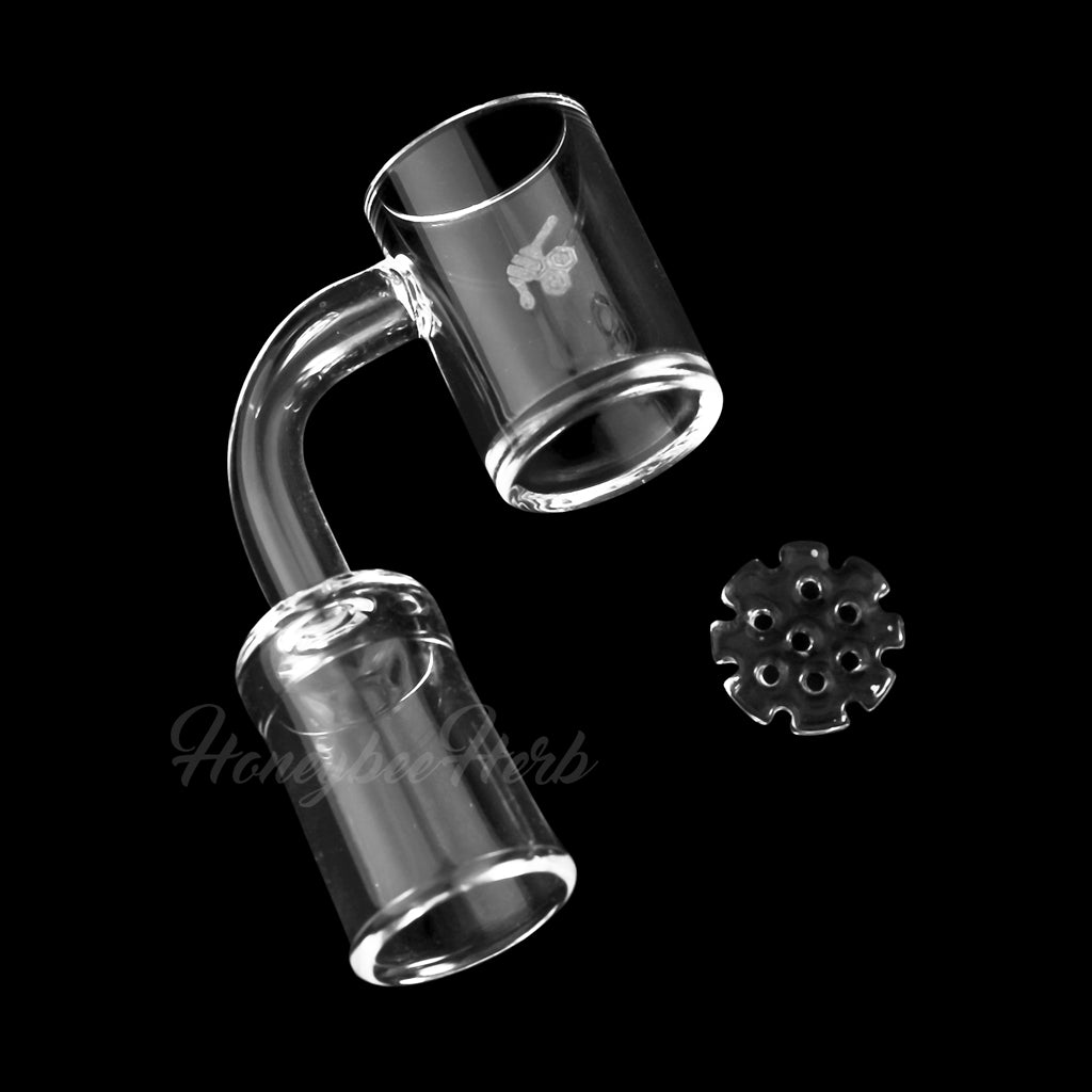 Honey Disc Quartz Banger at 90° angle with flat top design for dab rigs, clear 25mm on black background