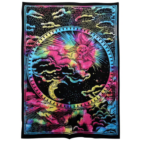 Majestic Sky Cotton Tapestry with vibrant tie-dye design, size 55" x 85", perfect for home decor