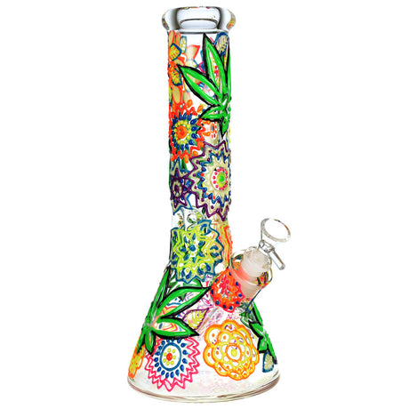 Colorful Mandala Hemp Leaf Beaker Water Pipe, 12.75" tall, 14mm female joint, Borosilicate Glass