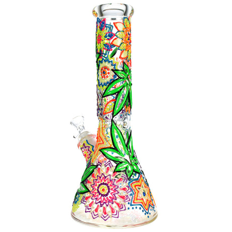 Colorful Mandala Hemp Leaf Beaker Water Pipe, 12.75" tall, 14mm Female Joint, Borosilicate Glass