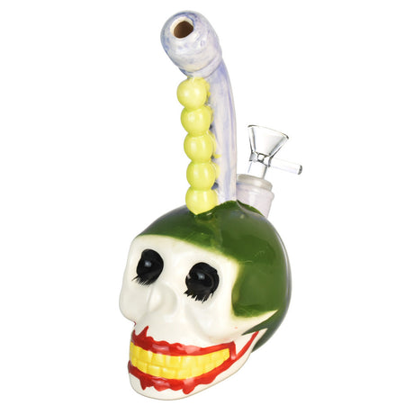 Maniacal Skull Ceramic Water Pipe, 8" tall, 14mm Female Joint, with Colorful Design - Angled View