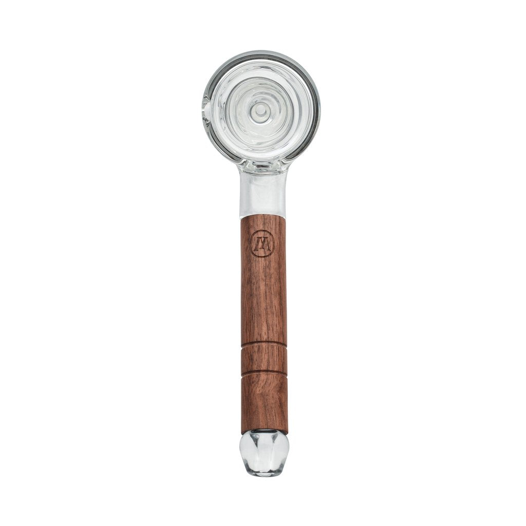 Marley Natural Glass & Walnut Bubbler, elegant front view, 5.75" with percolator for smooth hits