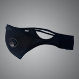 Myster Mask in sleek black with adjustable straps and logo, front view on a dark background