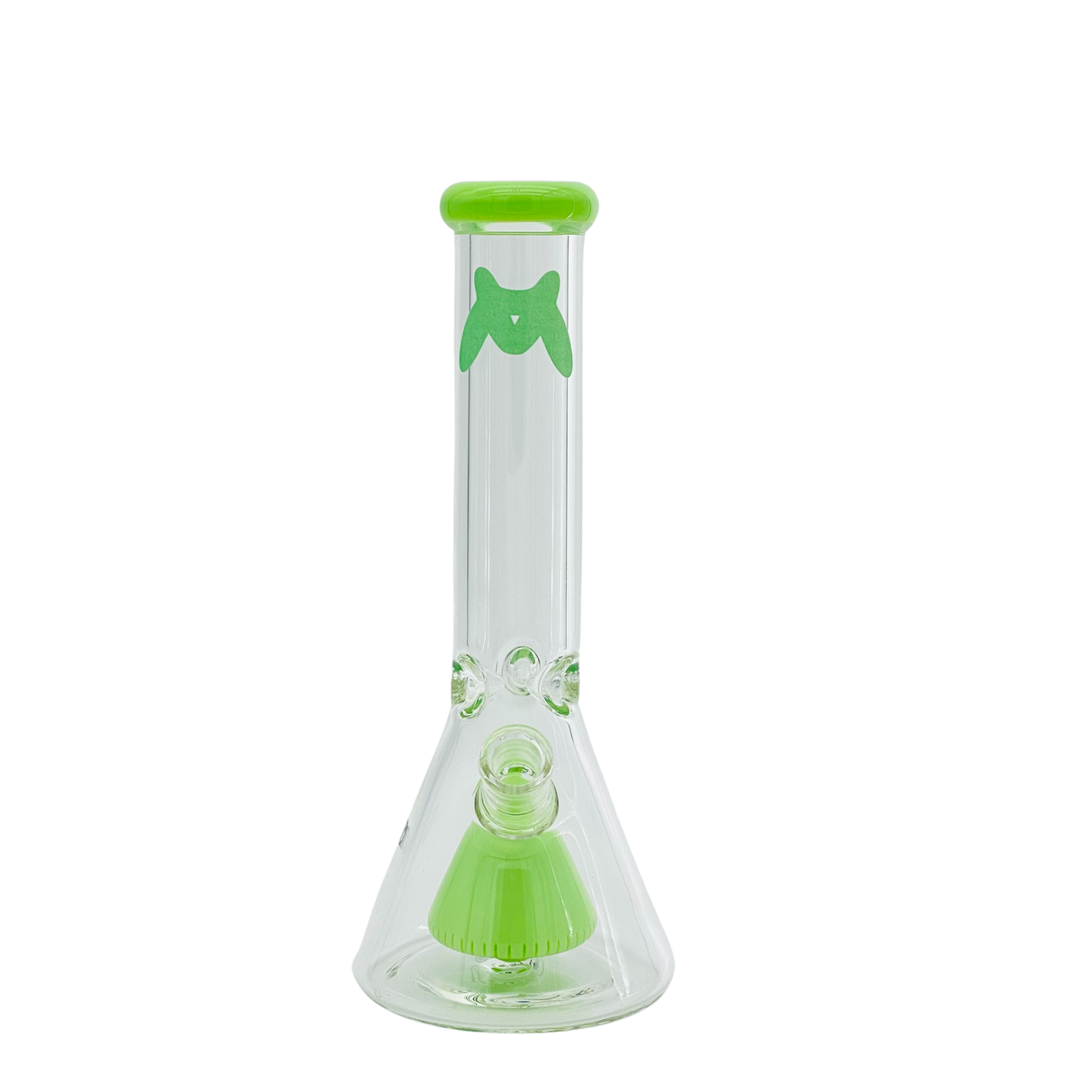 MAV Glass 12" Slitted Pyramid Beaker Bong with 7mm thickness and 18-19mm joint size, front view.