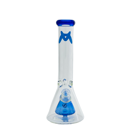 MAV Glass 12" X 7mm Slitted Pyramid Beaker Bong Front View with Blue Accents