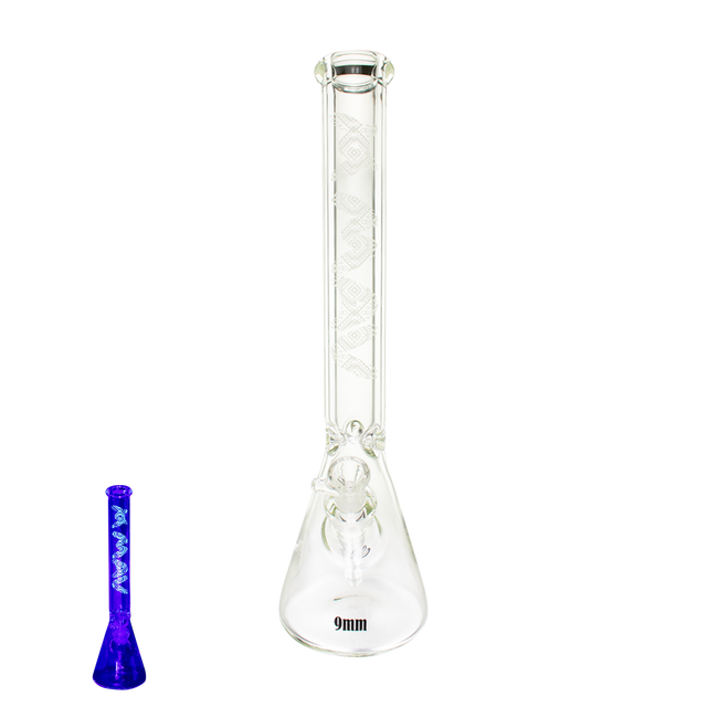 MAV Glass 18" Classic Beaker Bong, 9mm Thick with Glow in the Dark Tribal Design - Front View