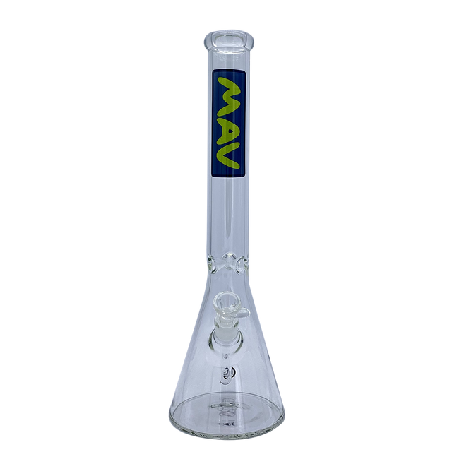 MAV Glass 18" Classic Beaker Bong in Blue with Clear Glass and Mav Slab Logo - Front View