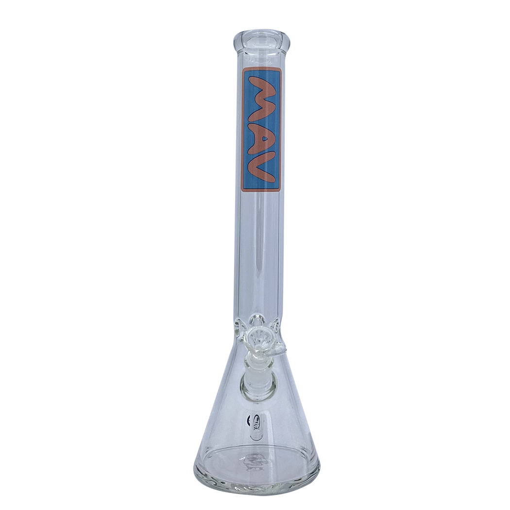 MAV Glass 18" Classic Beaker Bong in Pink with Clear Glass and MAV Logo - Front View