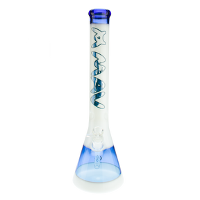 MAV Glass 18" Waves White & Blue Beaker Bong with a thick 5mm glass on white background