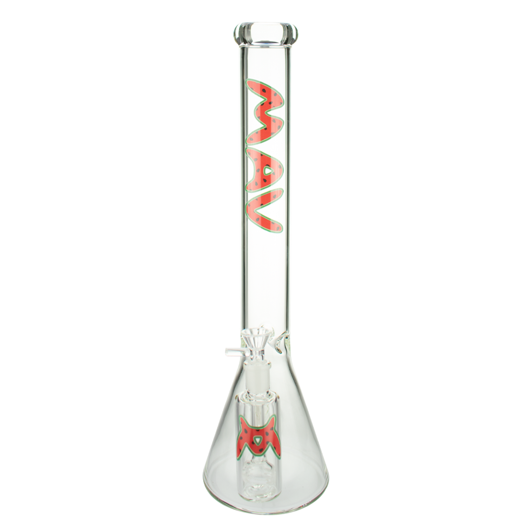 MAV Glass 18" Strawberry Slab Beaker Bong with Ash Catcher, Front View on White Background