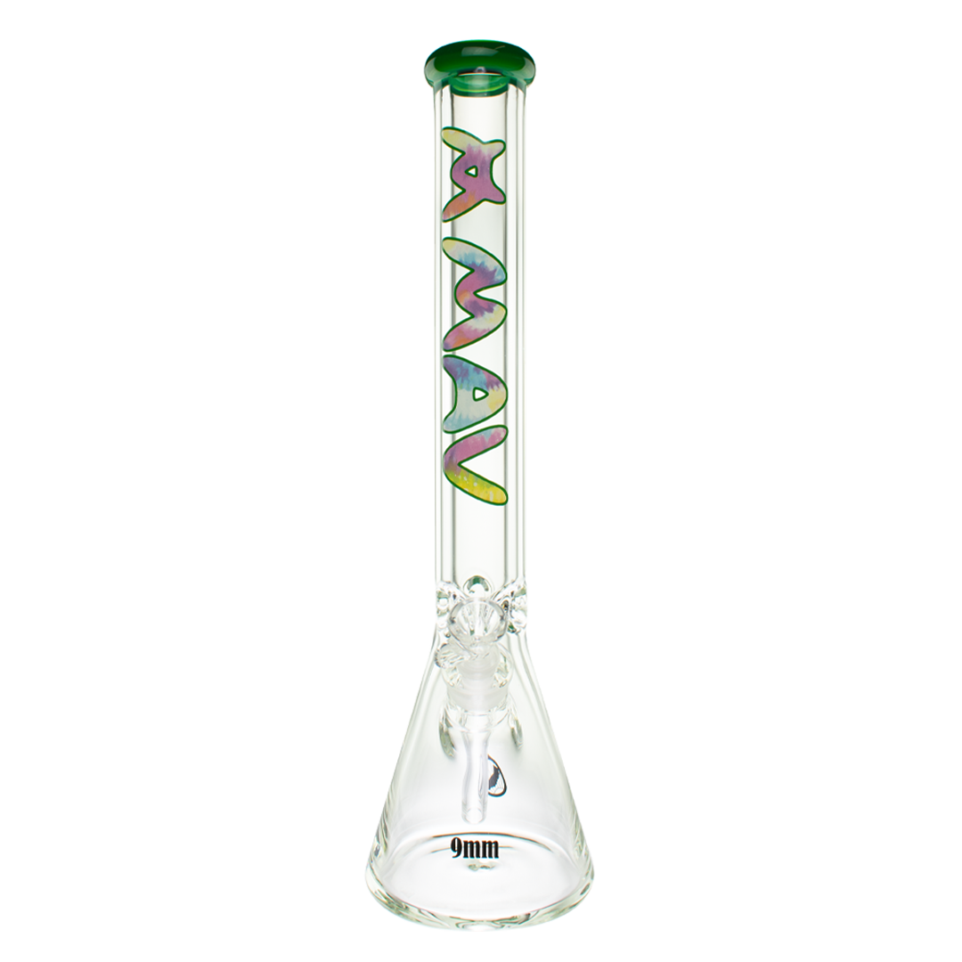 MAV Glass 18" Forest Tie Dye Beaker Bong with thick 9mm glass and deep bowl, front view on white background