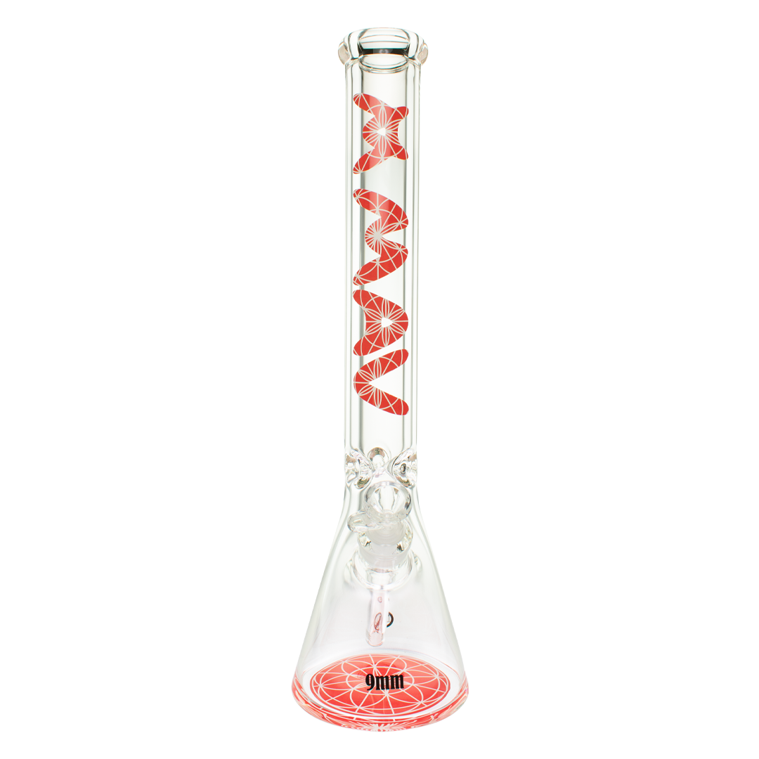 MAV Glass 18" Red Mandala Beaker Bong with thick glass and clear design, front view on white background