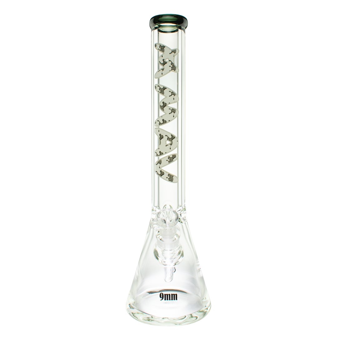 MAV Glass 18" Zebra Specialty Slab Beaker Bong with 9mm thickness, front view on white background