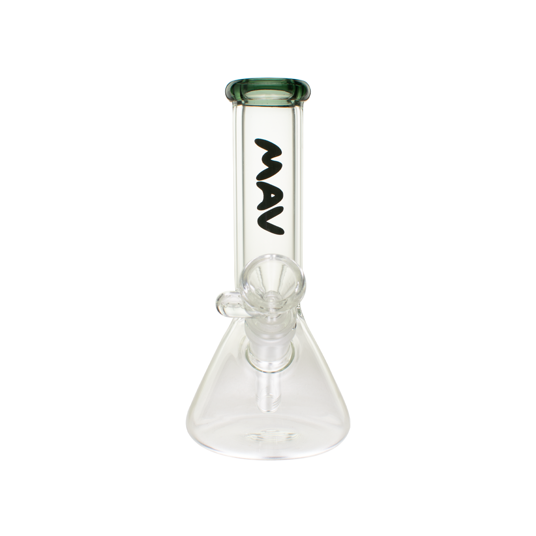 MAV Glass 8" Mini Beaker Bong with Color Accented Top and Clear Base, Front View