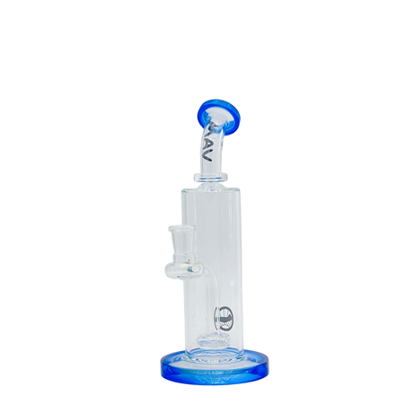 MAV Glass Bent Neck 3-hole Puck Bay Rig in Blue, Front View, 7" Tall with Glass on Glass Joint