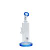 MAV Glass Bent Neck 3-hole Puck Bay Rig in Blue, Front View, 7" Tall with Glass on Glass Joint