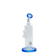 MAV Glass Bent Neck 3-hole Puck Bay Rig in Blue, Front View, 7" Tall with Glass on Glass Joint