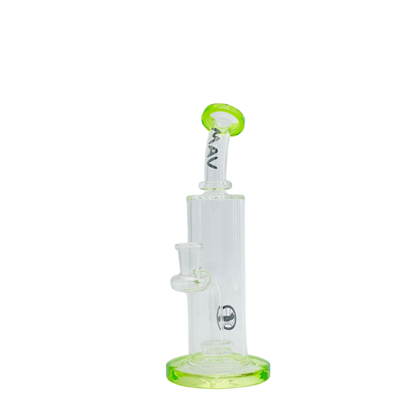 MAV Glass Bent Neck 3-hole Puck Bay Rig with Glass on Glass Joint, Front View on White Background