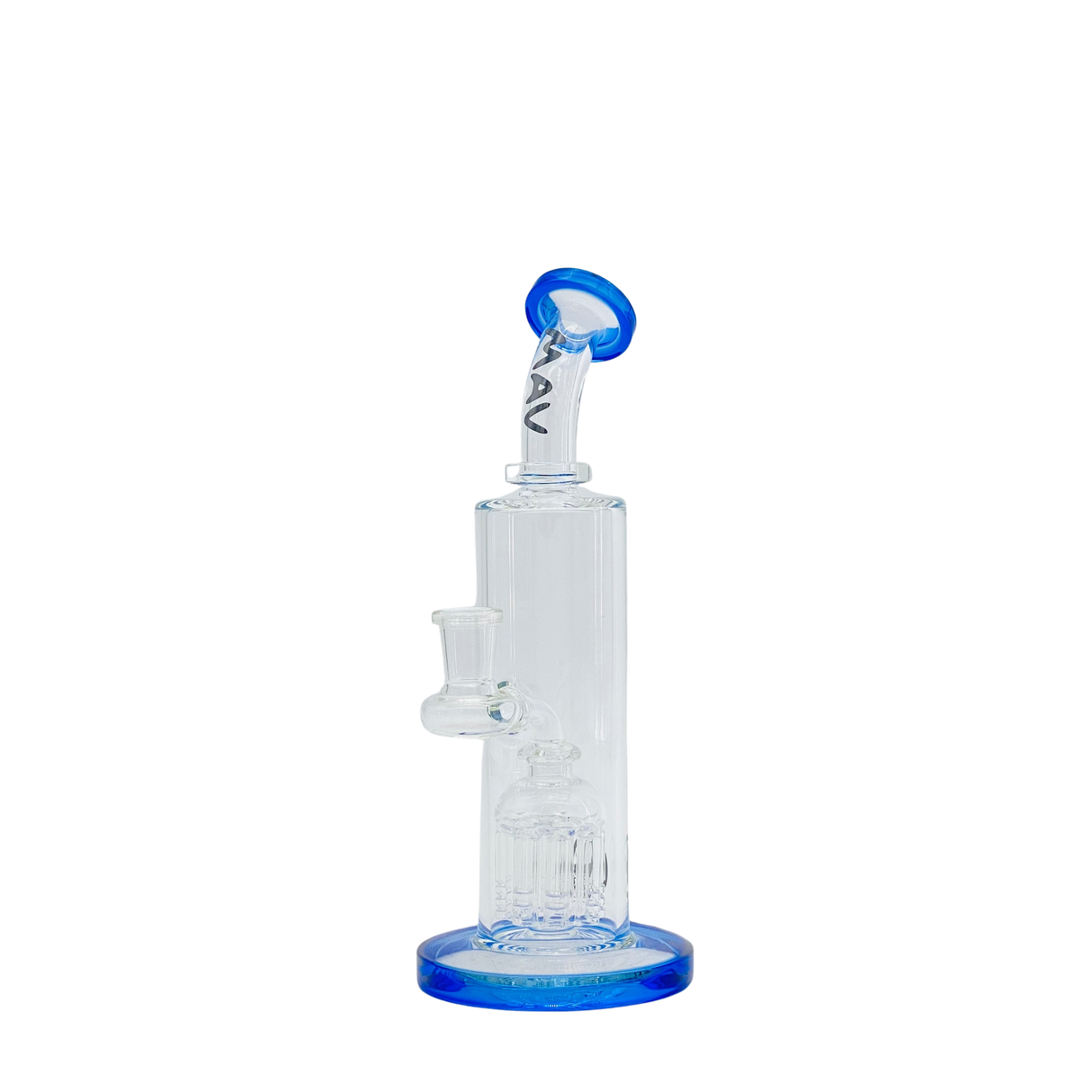 MAV Glass Bent Neck 8-arm Tree Bay Rig in Blue with Clear Beaker Base - Front View