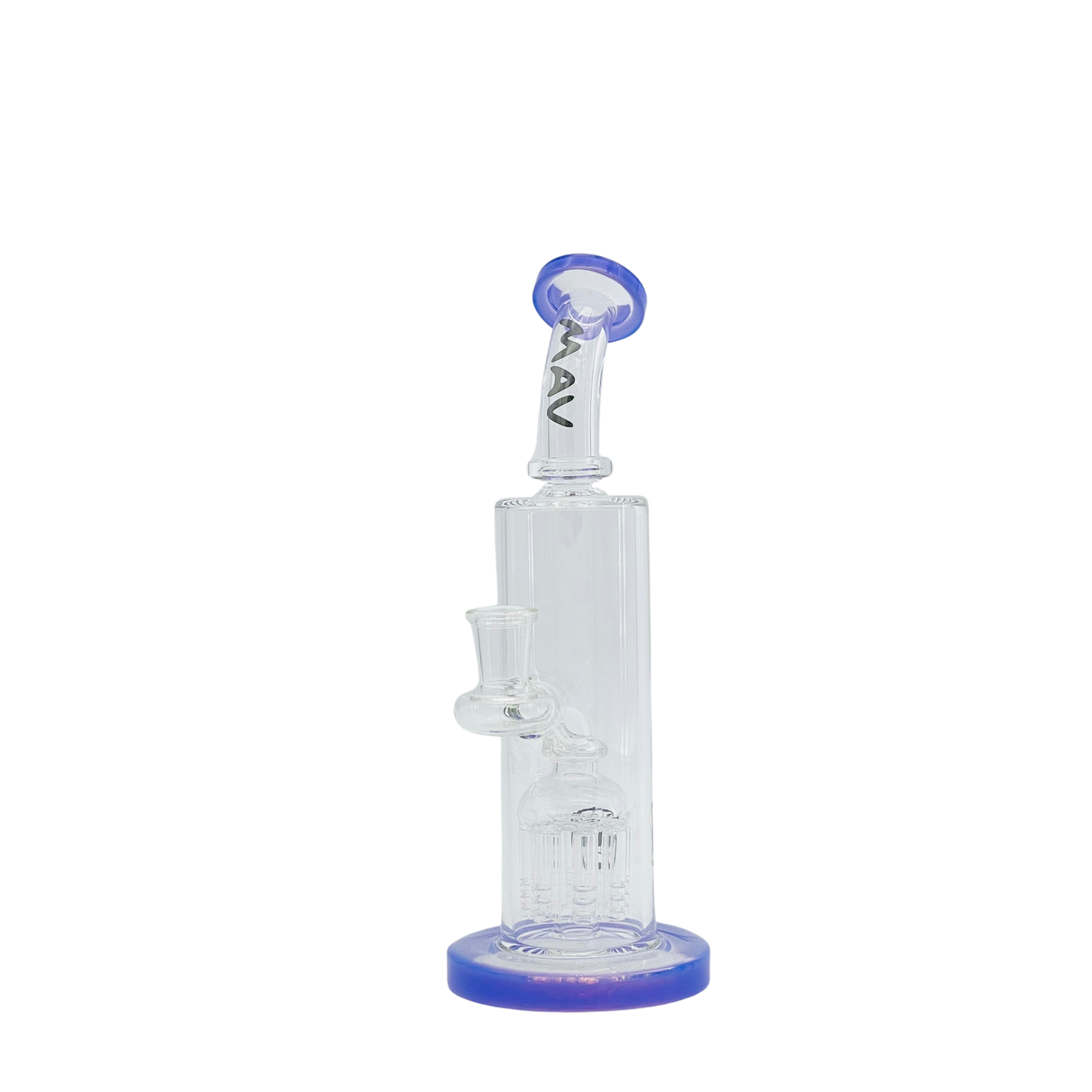MAV Glass Bent Neck 8-arm Tree Percolator Dab Rig in Purple, Front View on Seamless White