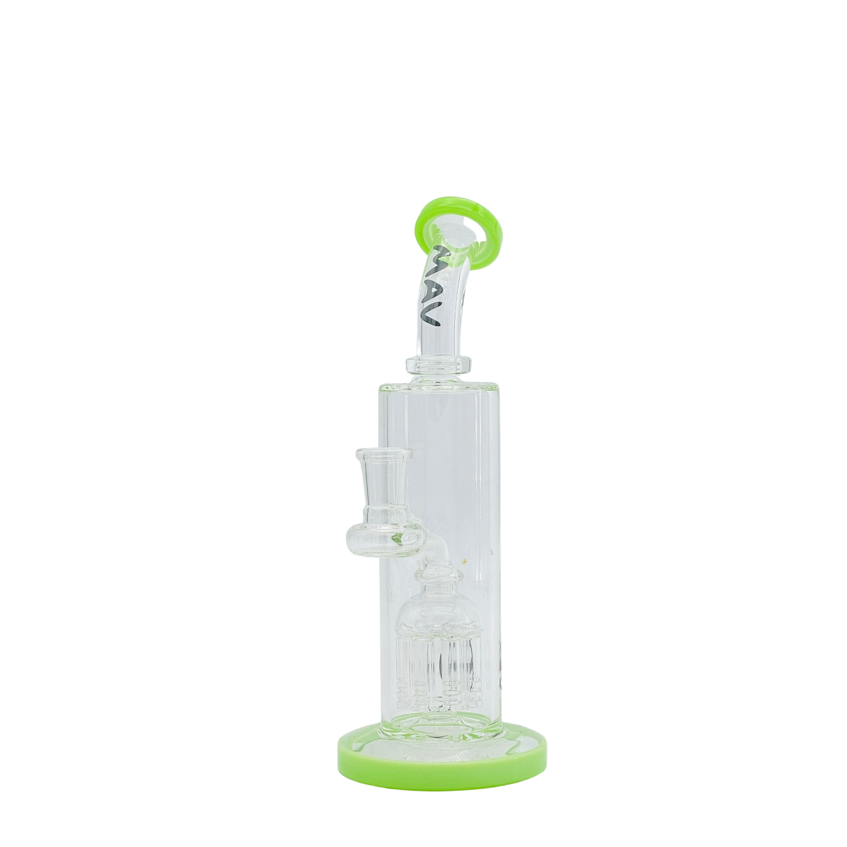 MAV Glass Bent Neck 8-arm Tree Bay Rig in Slime variant, front view with clear glass and green accents
