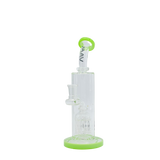 MAV Glass Bent Neck 8-arm Tree Bay Rig in Slime variant, front view with clear glass and green accents