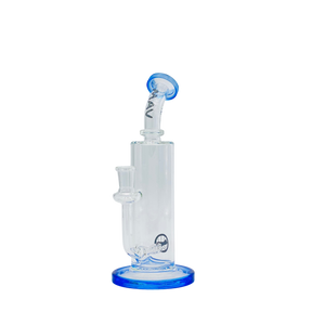 MAV Glass Bent Neck Inline Bay Rig in Blue with In-Line Percolator, 7" Height, Front View