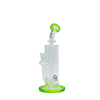 MAV Glass Bent Neck Inline Bay Rig with vibrant green accents and in-line percolator, 7" height, front view.