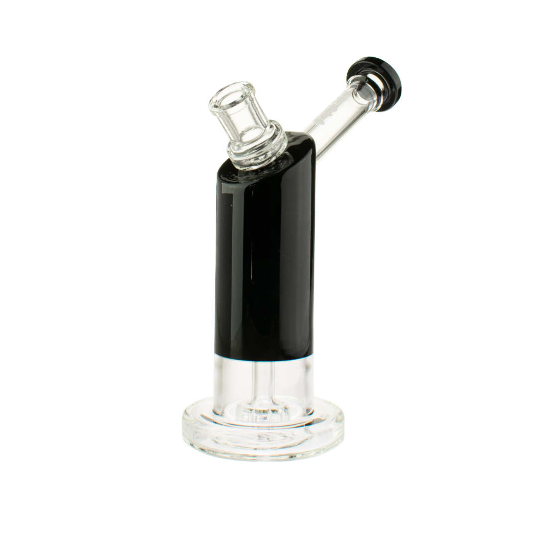 MAV Glass Bent Neck Showerhead Bubbler in Black - Side View with Clear Beaker Base