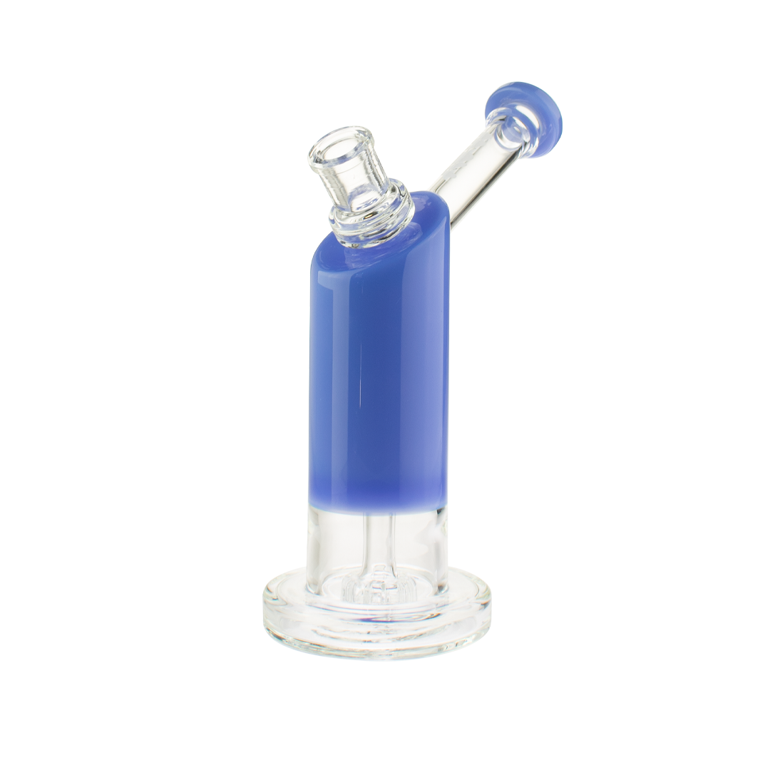 MAV Glass Bent Neck Showerhead Bubbler in Lavender, Side View with Clear Base and Percolator