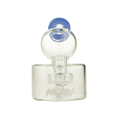 MAV Glass Big Squig Rig with blue accents, 4" tall, 14mm female joint, front view on white background