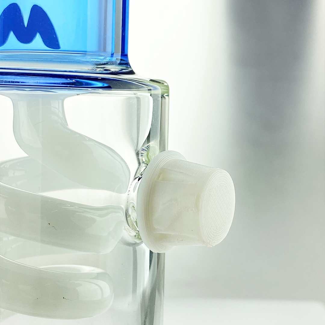 Close-up of MAV Glass Beaker with Blue Accents and White Slitted Pyramid Percolator