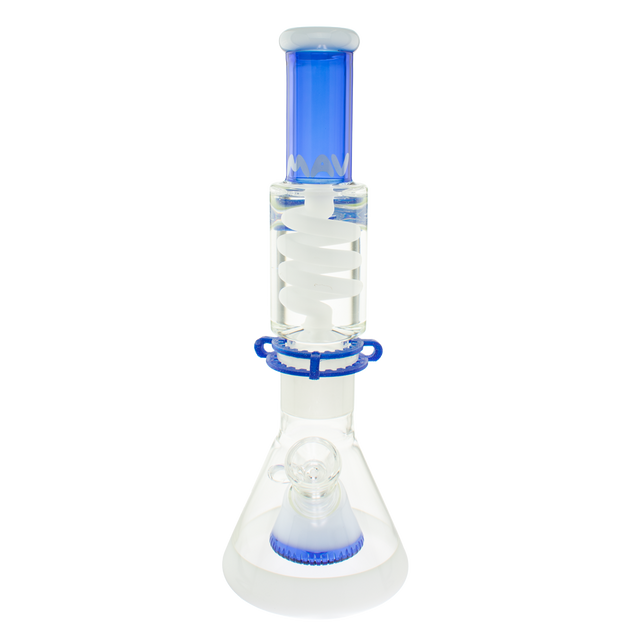 MAV Glass Blue And White Beaker Bong with Slitted Pyramid Percolator and Freezable Coil