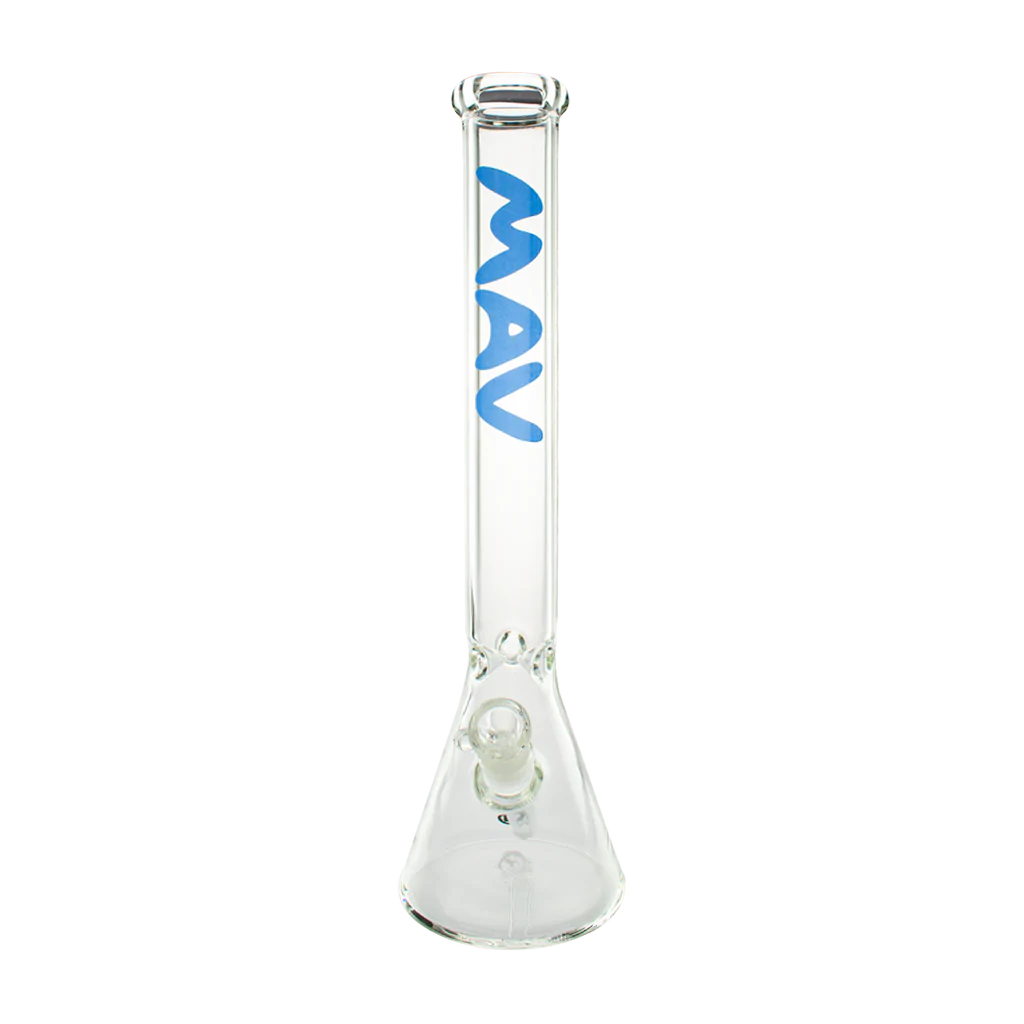 MAV Glass Classic Beaker Bong 18'' with Blue Logo, Front View, Slitted Percolator, 5mm Thick