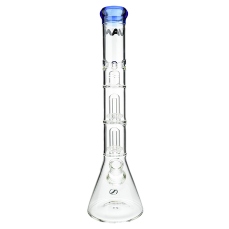 MAV Glass Double UFO Beaker Bong with clear glass and blue accents, front view on white background