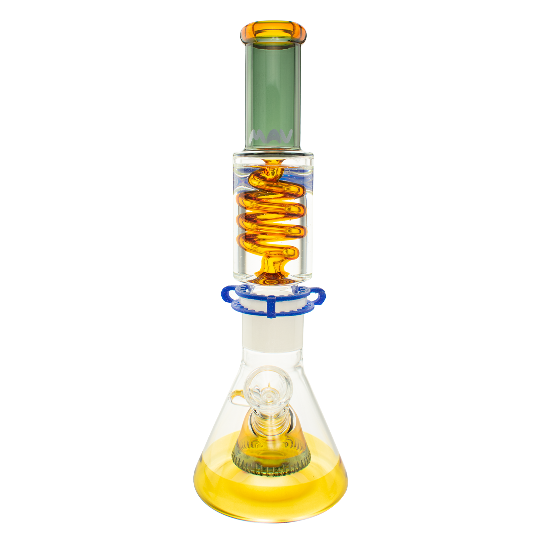 MAV Glass Beaker Bong with Gold and Black Design and Freezable Coil, Front View on White Background