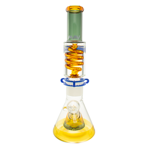 MAV Glass Beaker Bong with Gold and Black Design and Freezable Coil, Front View on White Background