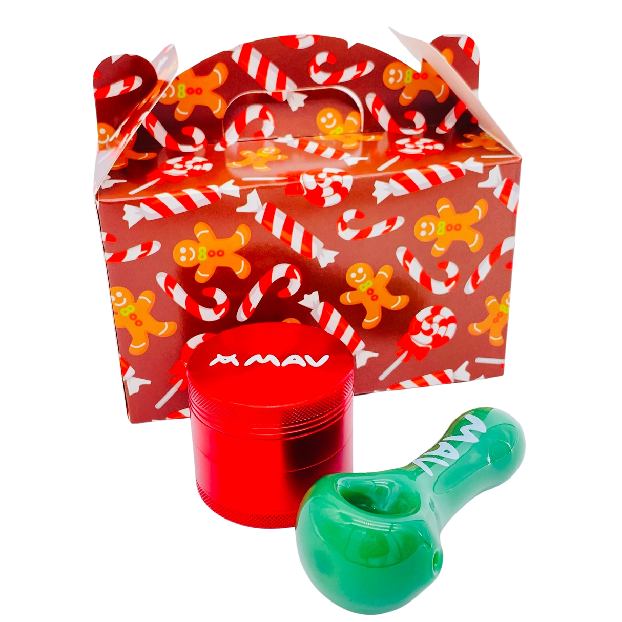 MAV Glass Holiday Package with red grinder and green spoon pipe in front of festive box