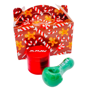 MAV Glass Holiday Package with red grinder and green spoon pipe in front of festive box