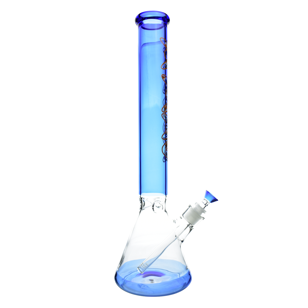 MAV Glass Ink Blue Koi 18" Beaker Bong with intricate design, front view on white background