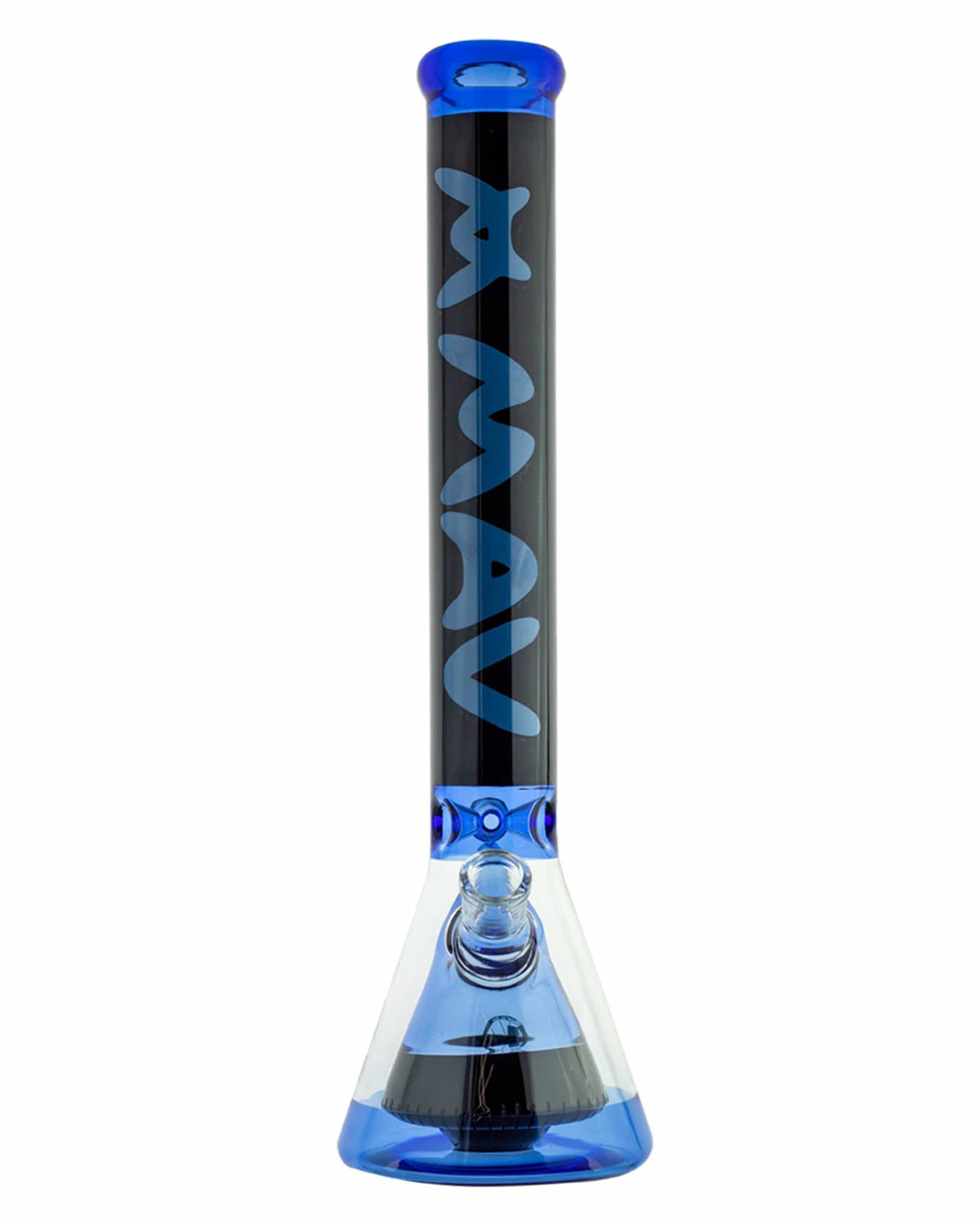 MAV Glass Manhattan Pyramid Perc Beaker Bong in Blue Black, 18" Tall, Borosilicate Glass, Front View