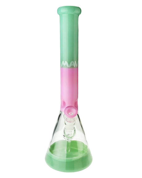 MAV Glass 15" Beaker Bong in Clear, Green & Pink, Front View, 5mm Thick Borosilicate