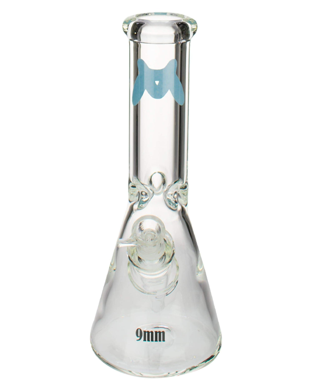 MAV Glass - 9mm Classic Beaker Bong in Clear with Blue Accents, Front View, 12" Tall