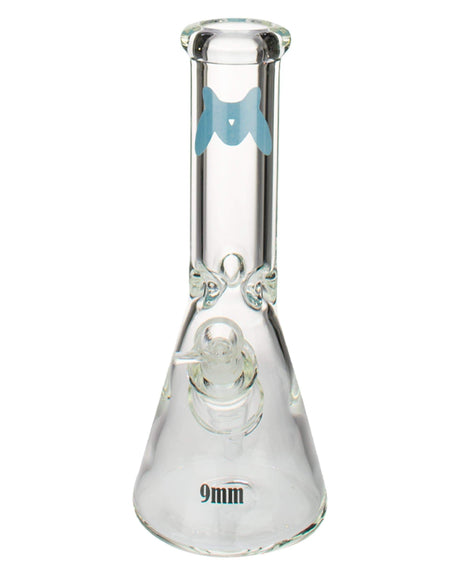MAV Glass - 9mm Classic Beaker Bong in Clear with Blue Accents, Front View, 12" Tall
