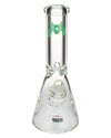 MAV Glass - 9mm Classic Beaker Bong in Clear with Green Accents, Front View on White Background