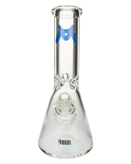 MAV Glass 9mm Classic Beaker Bong in Clear with LA Blue accents, Front View, 12" Height