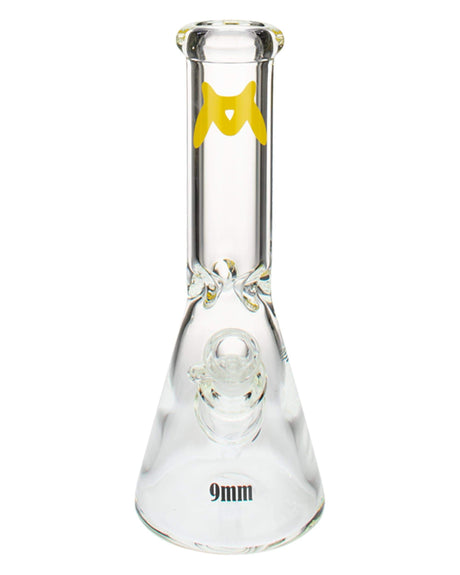MAV Glass - 9mm Classic Beaker Bong in Clear with Yellow Accents, Front View on White Background