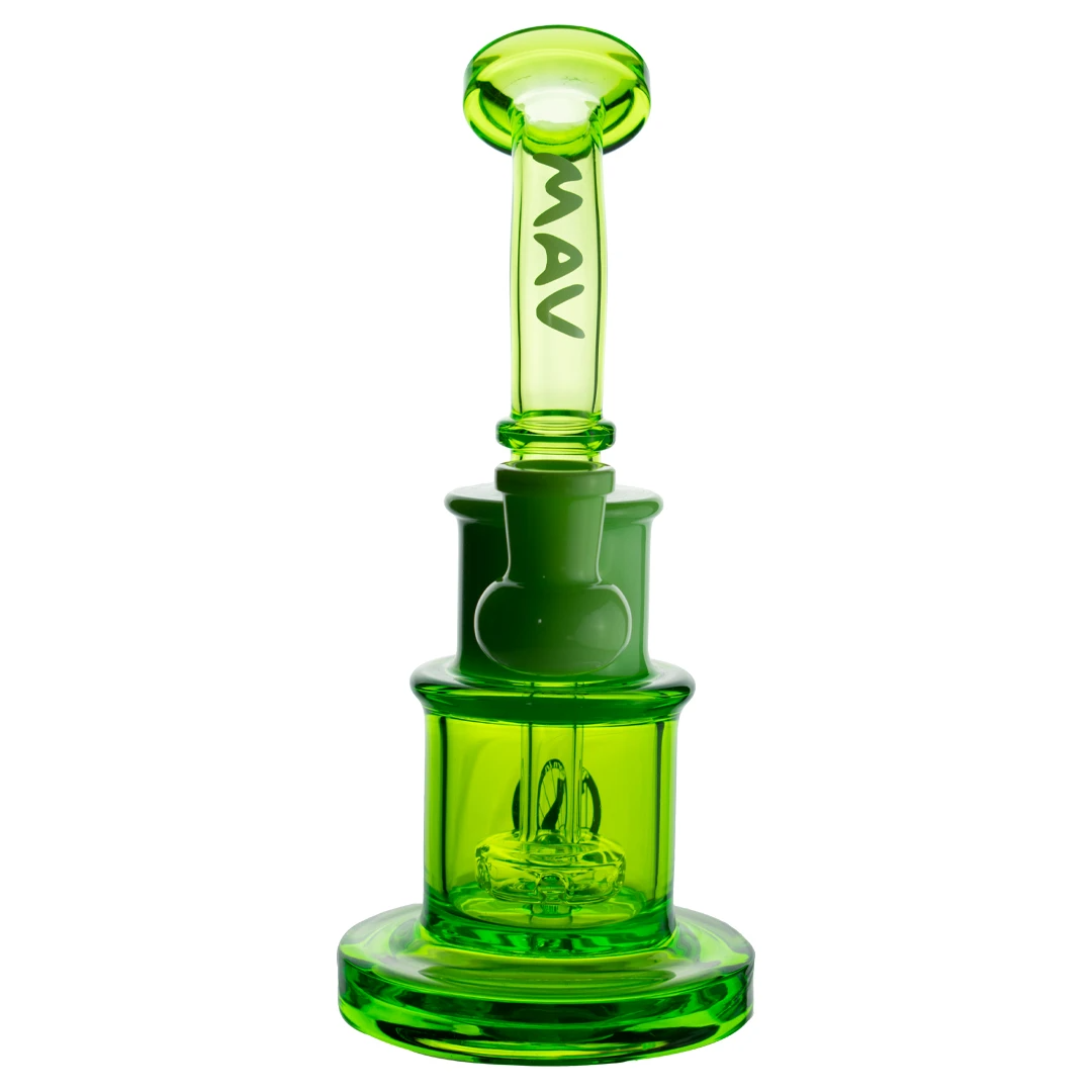 MAV Glass Birthday Cake Bong in vibrant green, compact 8" beaker design, made in USA, front view