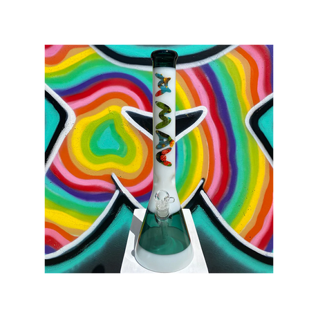 MAV Glass 18" Cactus Teal & White Beaker Bong with thick glass and sturdy base, front view