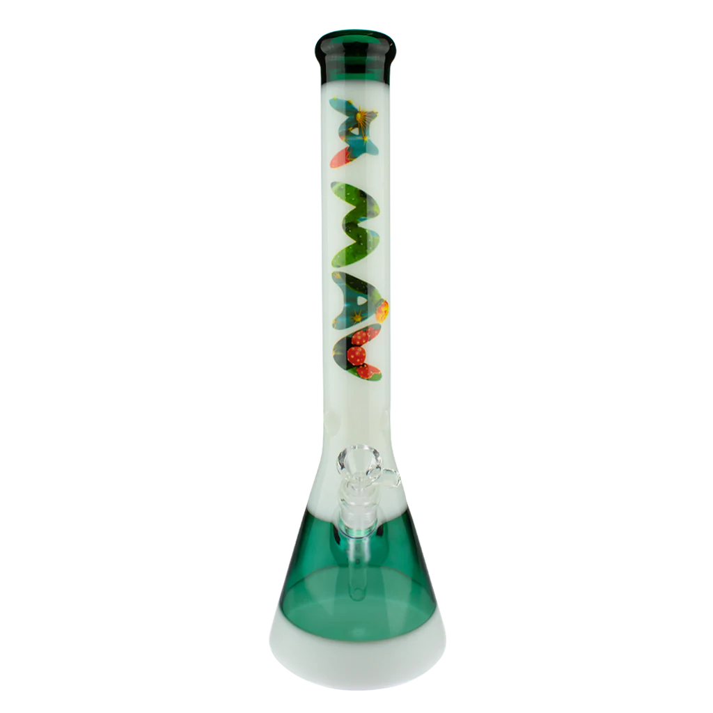 MAV Glass 18" Cactus Teal & White Beaker Bong with intricate design, front view on white background
